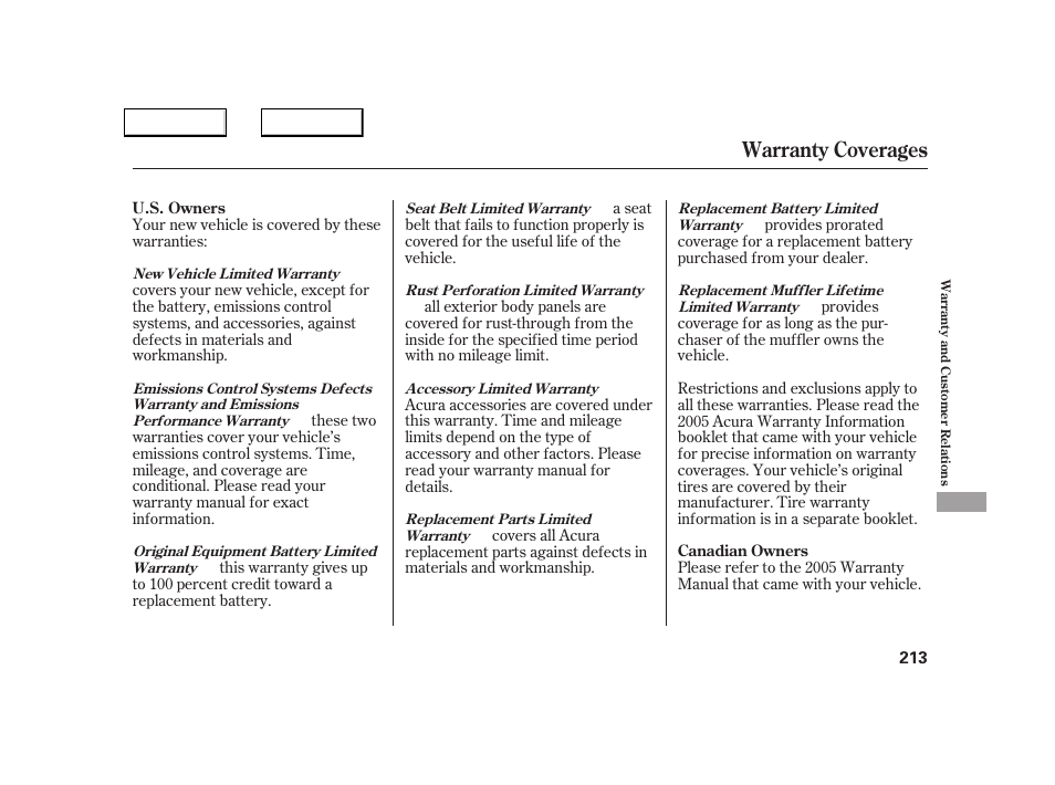 Warranty coverages | Acura 2005 NSX - Owner's Manual User Manual | Page 215 / 228