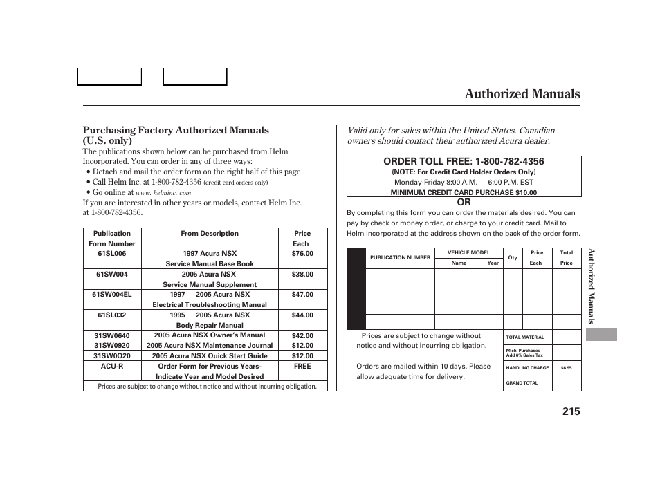 Authorized manuals, Purchasing factory authorized manuals (u.s. only) | Acura 2005 NSX - Owner's Manual User Manual | Page 217 / 228