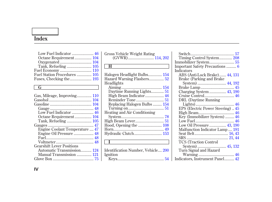 Index | Acura 2005 NSX - Owner's Manual User Manual | Page 222 / 228