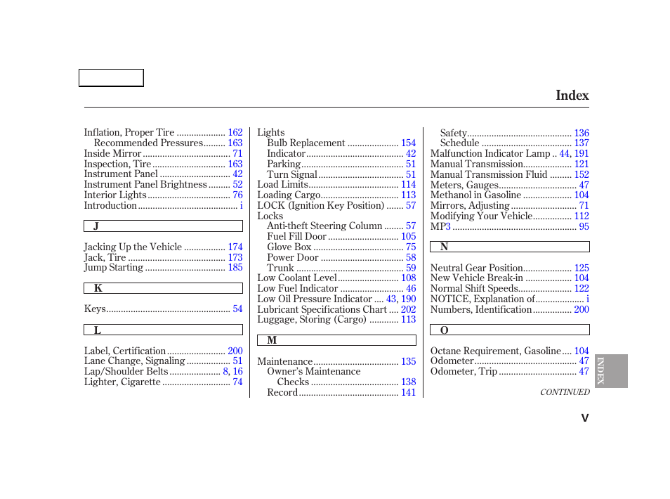 Index | Acura 2005 NSX - Owner's Manual User Manual | Page 223 / 228