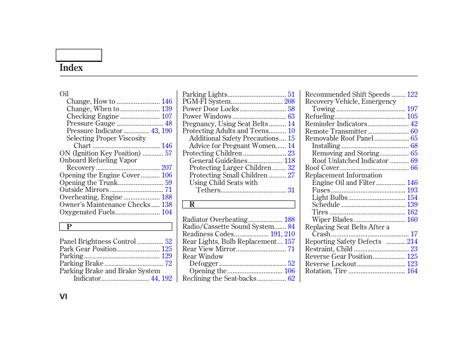 Index | Acura 2005 NSX - Owner's Manual User Manual | Page 224 / 228
