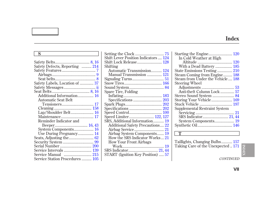 Index | Acura 2005 NSX - Owner's Manual User Manual | Page 225 / 228