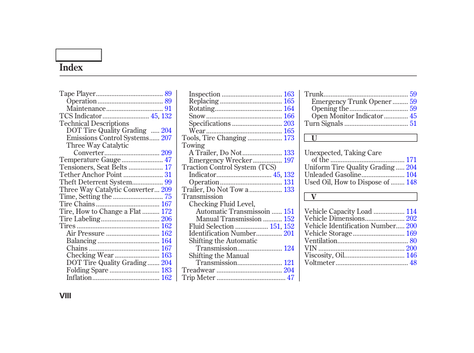 Index | Acura 2005 NSX - Owner's Manual User Manual | Page 226 / 228