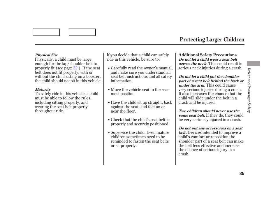 Protecting larger children | Acura 2005 NSX - Owner's Manual User Manual | Page 37 / 228