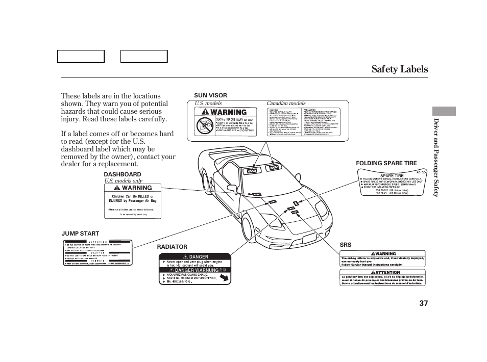 Safety labels | Acura 2005 NSX - Owner's Manual User Manual | Page 39 / 228