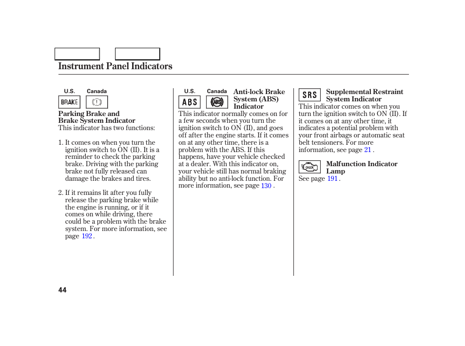 Instrument panel indicators | Acura 2005 NSX - Owner's Manual User Manual | Page 46 / 228