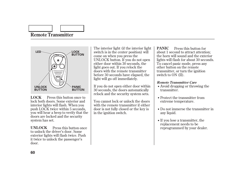 Remote transmitter | Acura 2005 NSX - Owner's Manual User Manual | Page 62 / 228