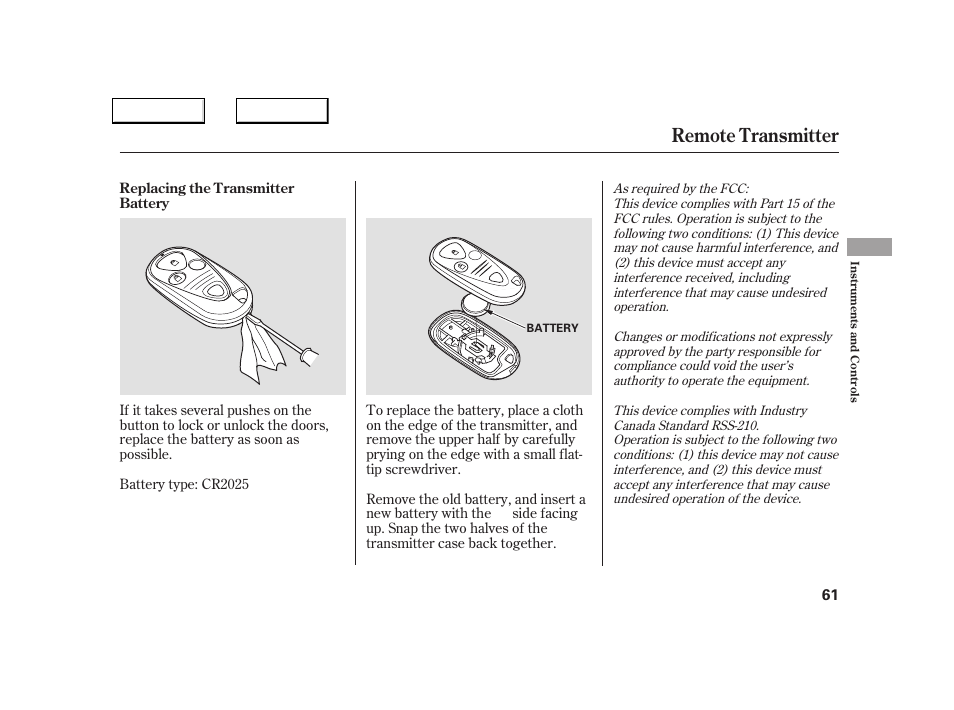Remote transmitter | Acura 2005 NSX - Owner's Manual User Manual | Page 63 / 228