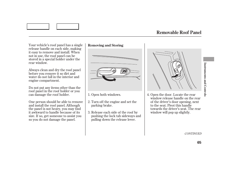 Removable roof panel | Acura 2005 NSX - Owner's Manual User Manual | Page 67 / 228