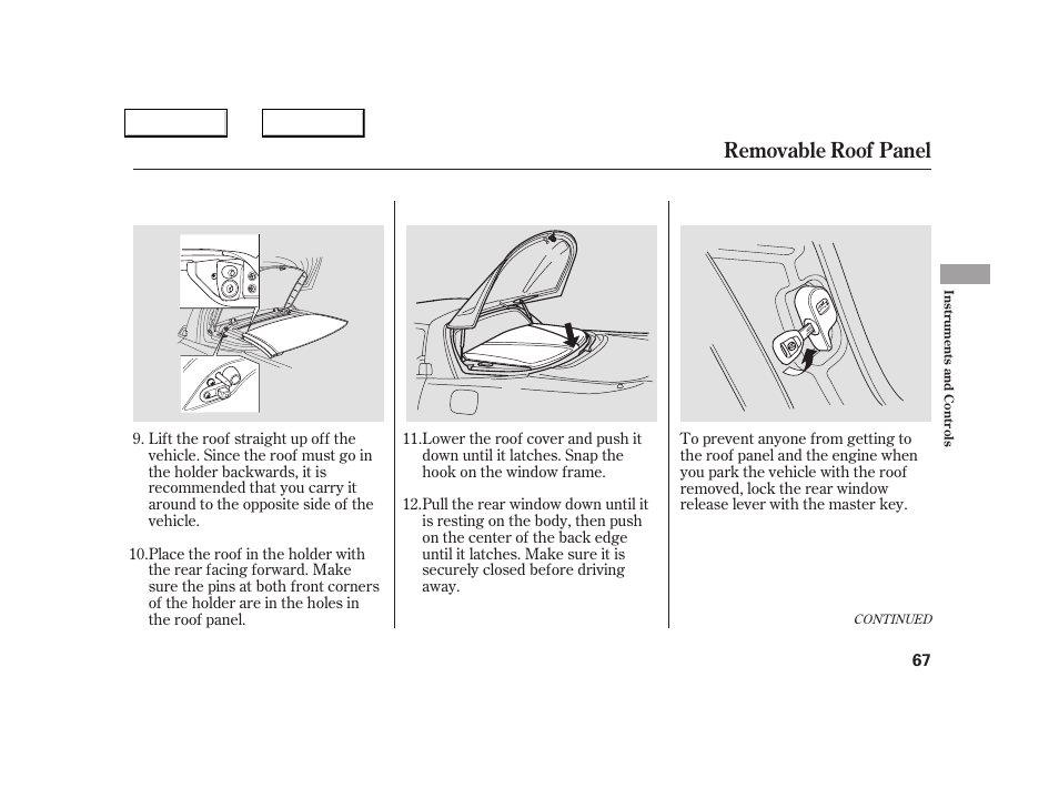 Removable roof panel | Acura 2005 NSX - Owner's Manual User Manual | Page 69 / 228