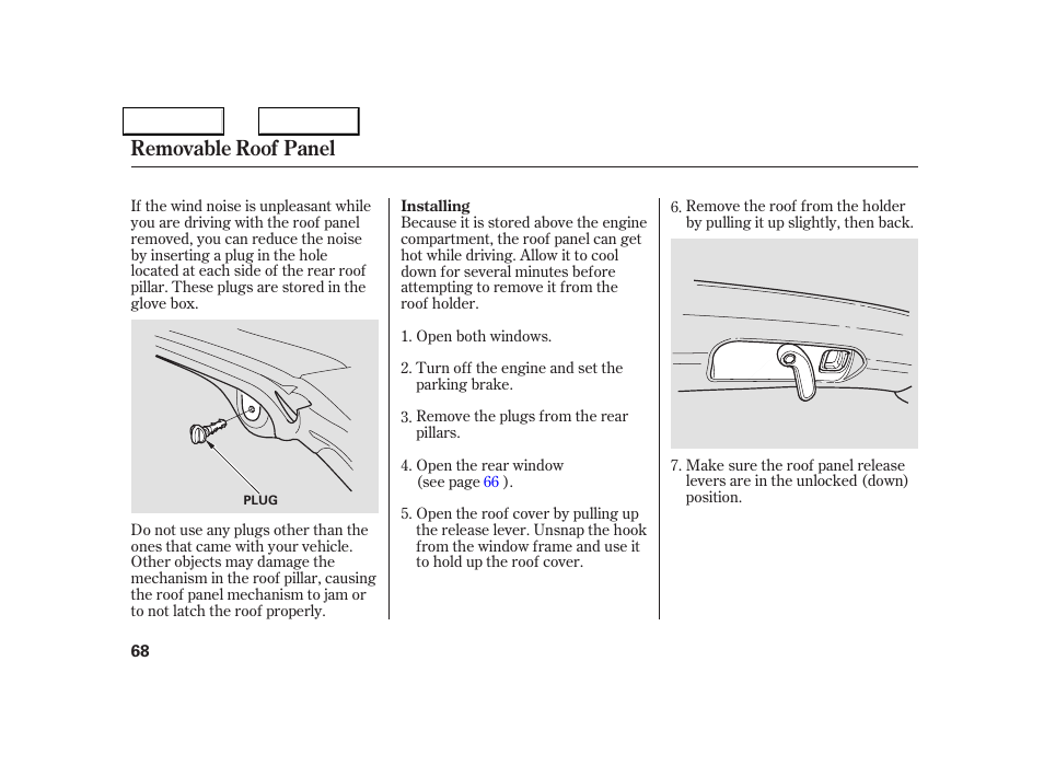 Removable roof panel | Acura 2005 NSX - Owner's Manual User Manual | Page 70 / 228