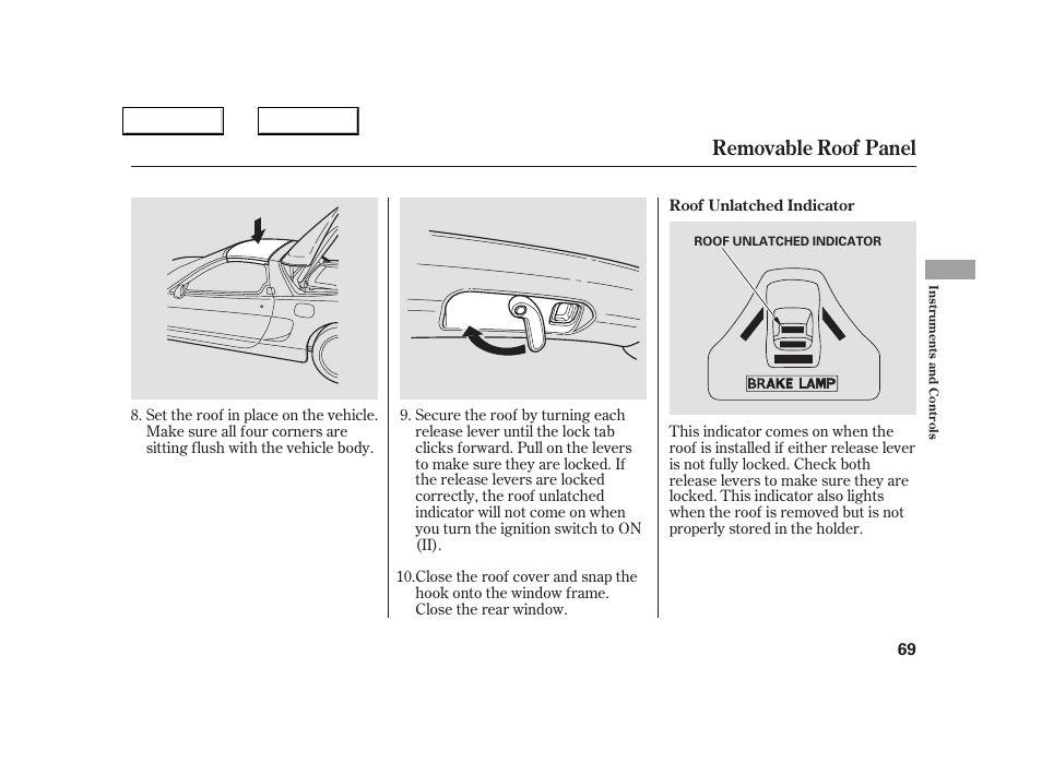 Removable roof panel | Acura 2005 NSX - Owner's Manual User Manual | Page 71 / 228