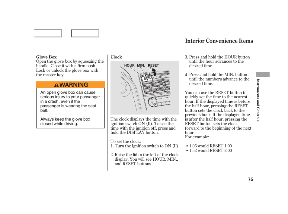Interior convenience items | Acura 2005 NSX - Owner's Manual User Manual | Page 77 / 228