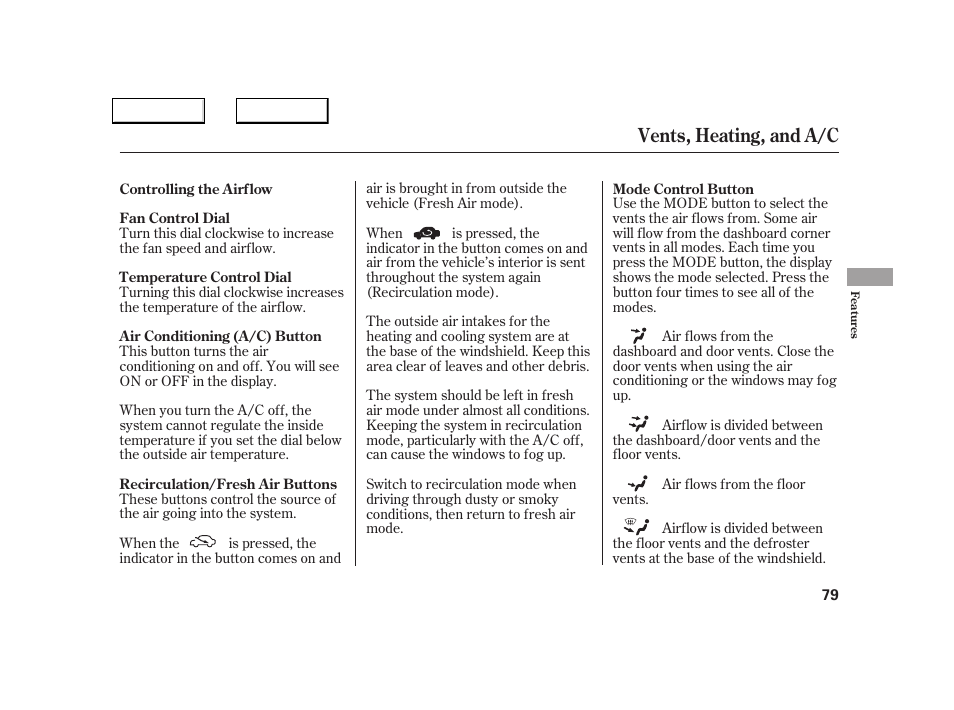 Vents, heating, and a/c | Acura 2005 NSX - Owner's Manual User Manual | Page 81 / 228