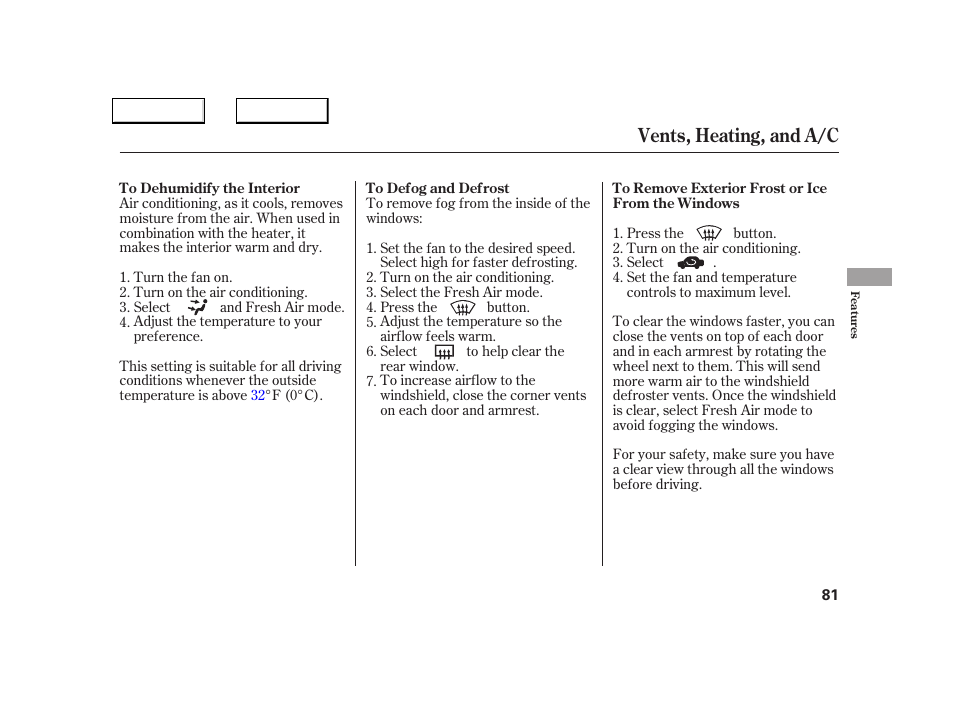 Vents, heating, and a/c | Acura 2005 NSX - Owner's Manual User Manual | Page 83 / 228