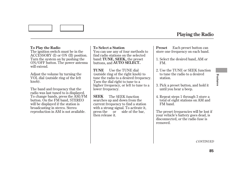 Playing the radio | Acura 2005 NSX - Owner's Manual User Manual | Page 87 / 228