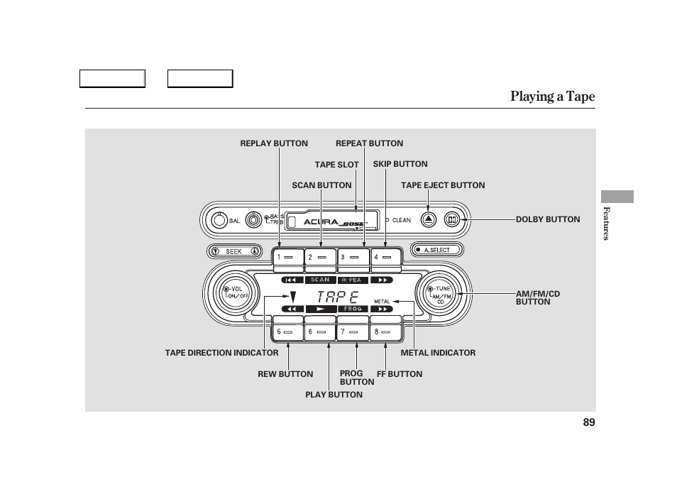 Playing a tape | Acura 2005 NSX - Owner's Manual User Manual | Page 91 / 228