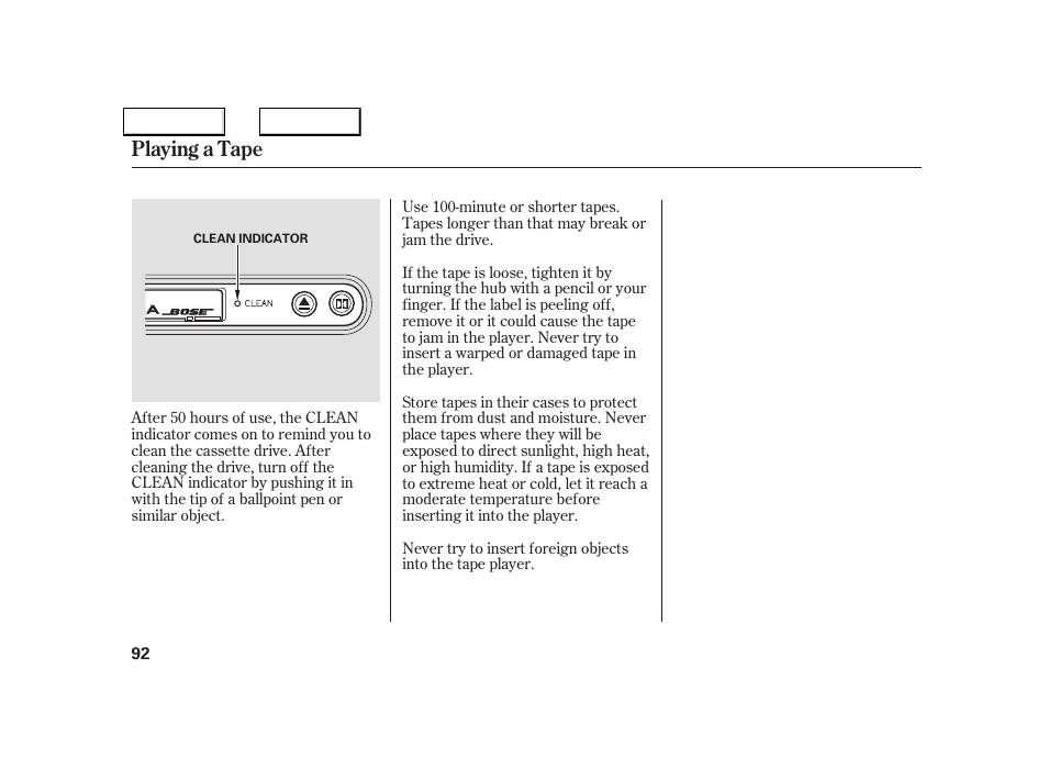 Playing a tape | Acura 2005 NSX - Owner's Manual User Manual | Page 94 / 228