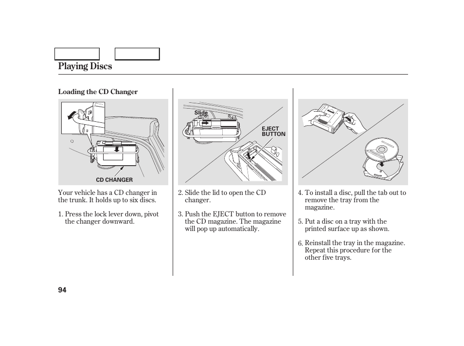 Playing discs | Acura 2005 NSX - Owner's Manual User Manual | Page 96 / 228
