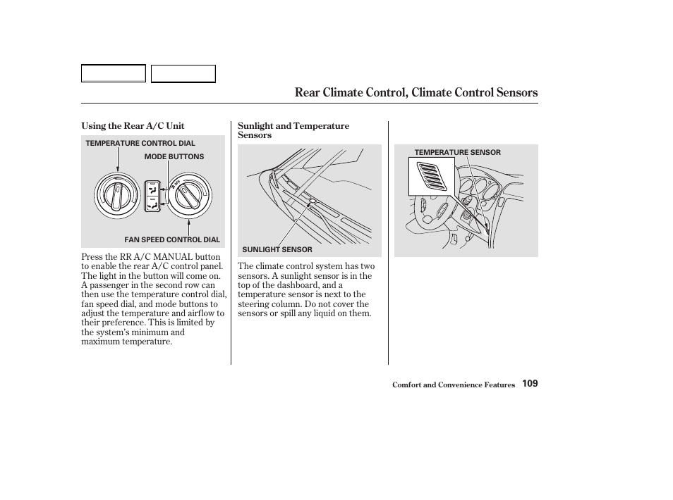 Rear climate control, climate control sensors | Acura 2004 MDX - Owner's Manual User Manual | Page 113 / 284