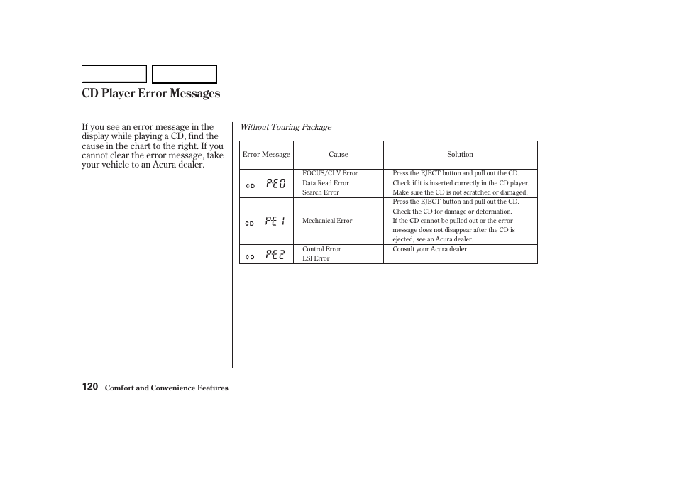 Cd player error messages | Acura 2004 MDX - Owner's Manual User Manual | Page 124 / 284