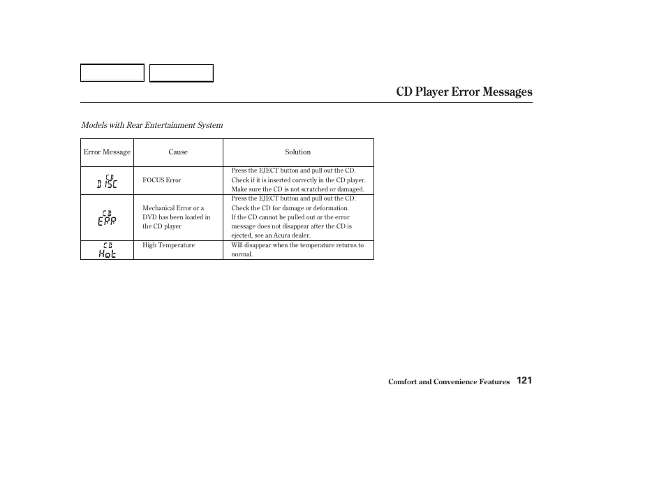 Cd player error messages | Acura 2004 MDX - Owner's Manual User Manual | Page 125 / 284