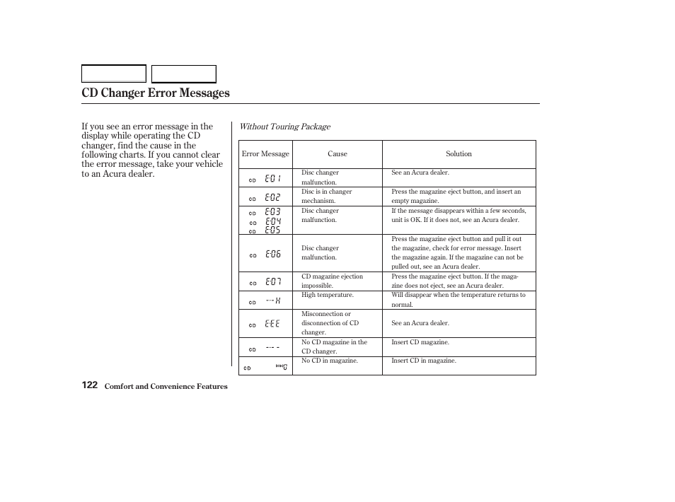 Cd changer error messages | Acura 2004 MDX - Owner's Manual User Manual | Page 126 / 284
