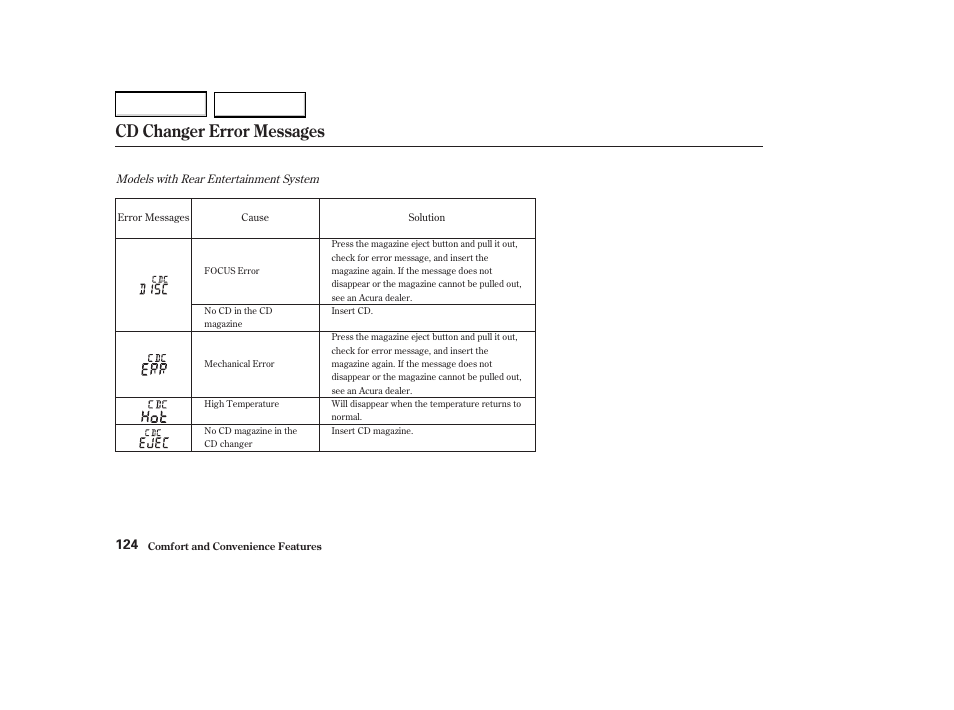 Cd changer error messages | Acura 2004 MDX - Owner's Manual User Manual | Page 128 / 284