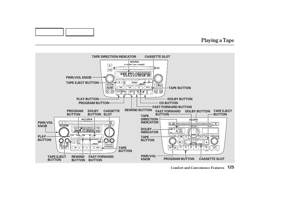 Playing a tape | Acura 2004 MDX - Owner's Manual User Manual | Page 129 / 284