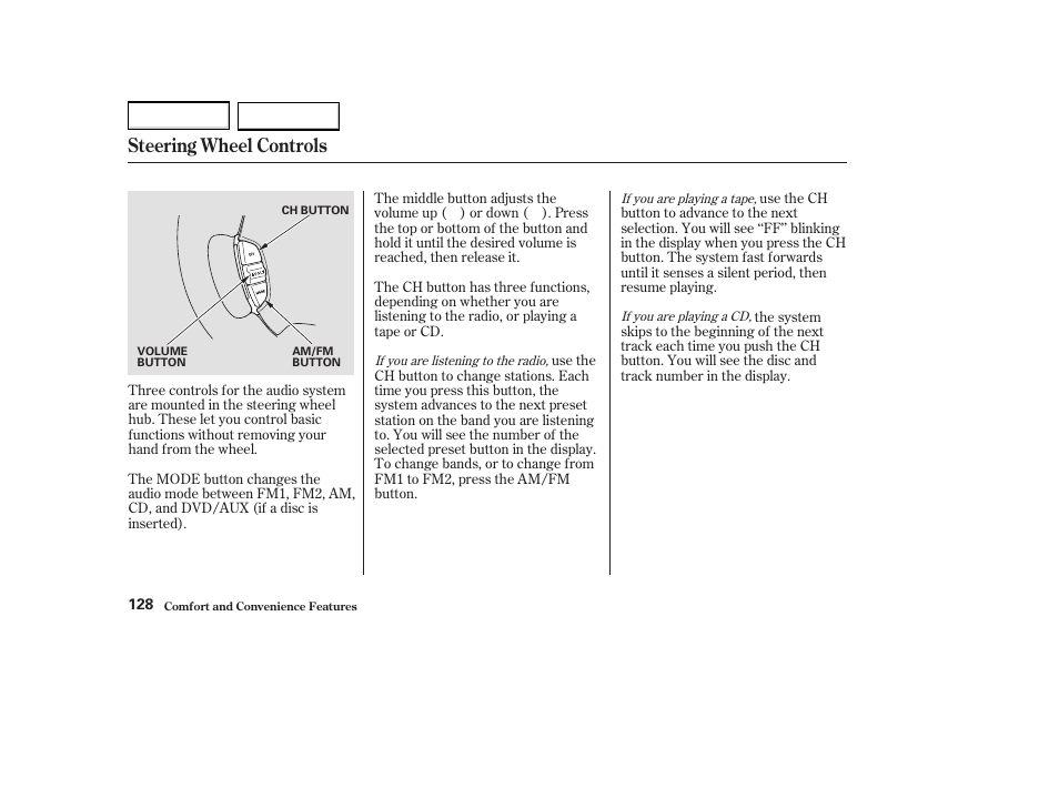 Steering wheel controls | Acura 2004 MDX - Owner's Manual User Manual | Page 132 / 284