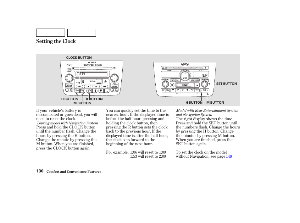 Setting the clock | Acura 2004 MDX - Owner's Manual User Manual | Page 134 / 284