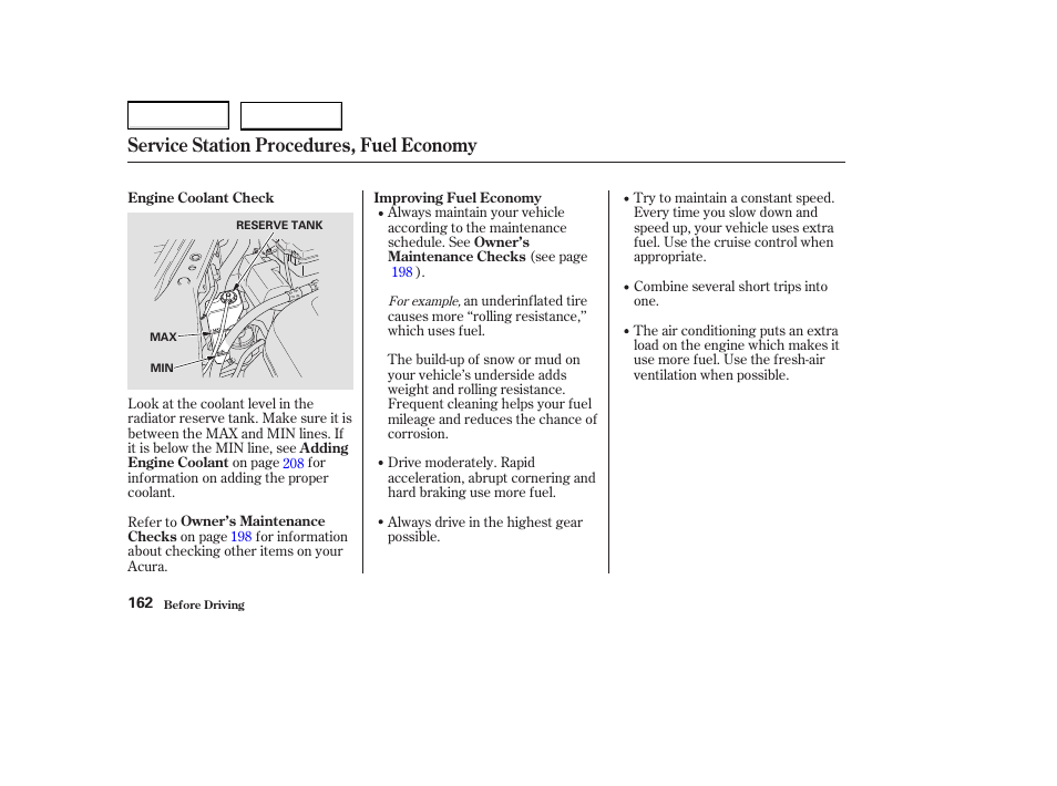 Service station procedures, fuel economy | Acura 2004 MDX - Owner's Manual User Manual | Page 166 / 284