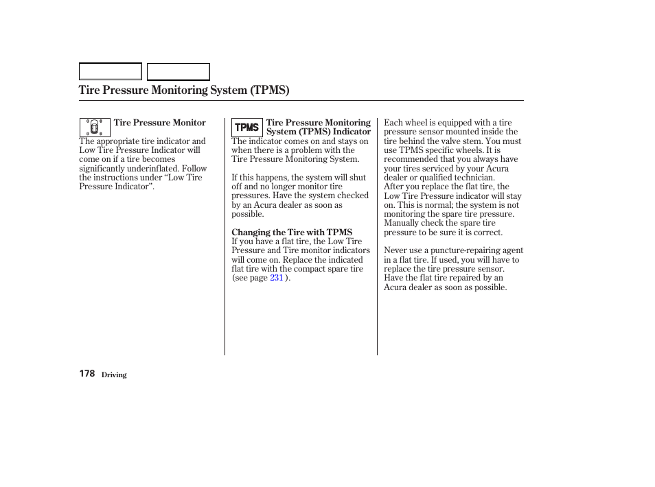 Tire pressure monitoring system (tpms) | Acura 2004 MDX - Owner's Manual User Manual | Page 182 / 284
