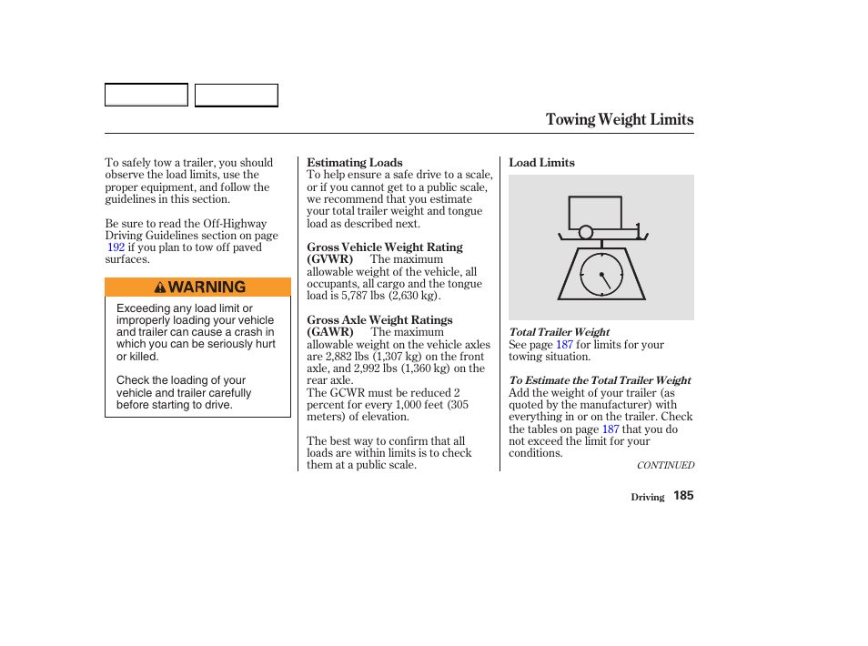 Towing weight limits | Acura 2004 MDX - Owner's Manual User Manual | Page 189 / 284