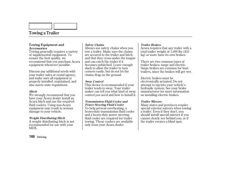 Towing a trailer | Acura 2004 MDX - Owner's Manual User Manual | Page 192 / 284