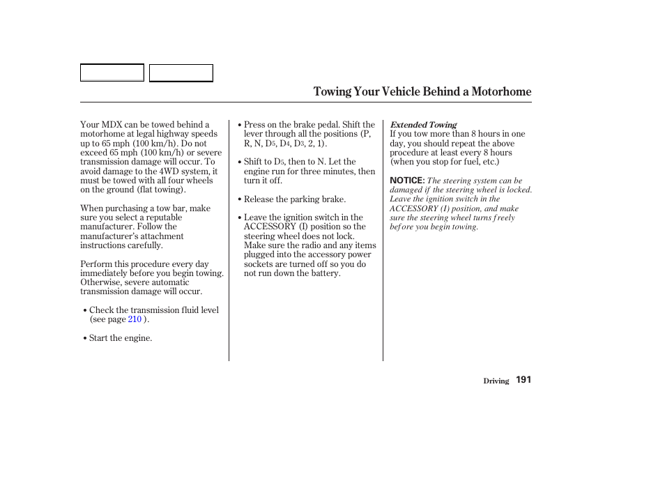 Towing your vehicle behind a motorhome | Acura 2004 MDX - Owner's Manual User Manual | Page 195 / 284