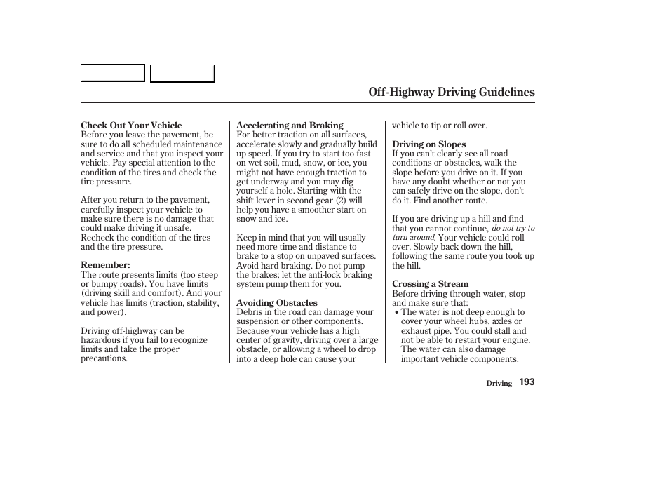 Off-highway driving guidelines | Acura 2004 MDX - Owner's Manual User Manual | Page 197 / 284