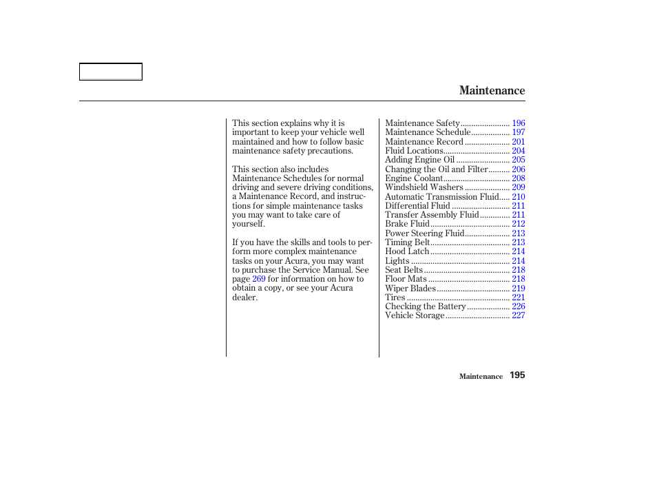 Maintenance | Acura 2004 MDX - Owner's Manual User Manual | Page 199 / 284