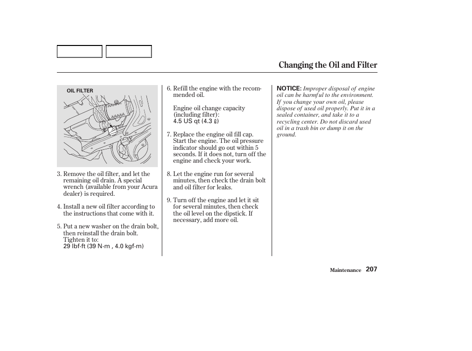 Changing the oil and filter | Acura 2004 MDX - Owner's Manual User Manual | Page 211 / 284
