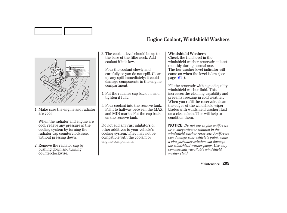 Engine coolant, windshield washers | Acura 2004 MDX - Owner's Manual User Manual | Page 213 / 284