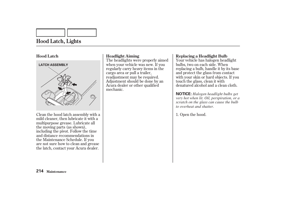 Hood latch, lights | Acura 2004 MDX - Owner's Manual User Manual | Page 218 / 284