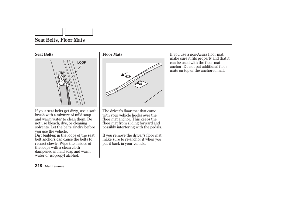 Seat belts, floor mats | Acura 2004 MDX - Owner's Manual User Manual | Page 222 / 284