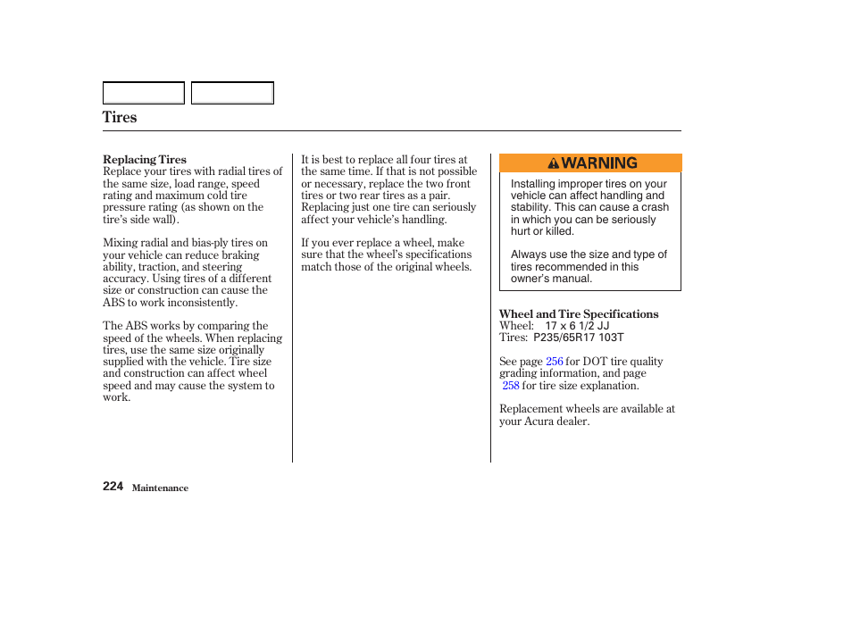 Tires | Acura 2004 MDX - Owner's Manual User Manual | Page 228 / 284