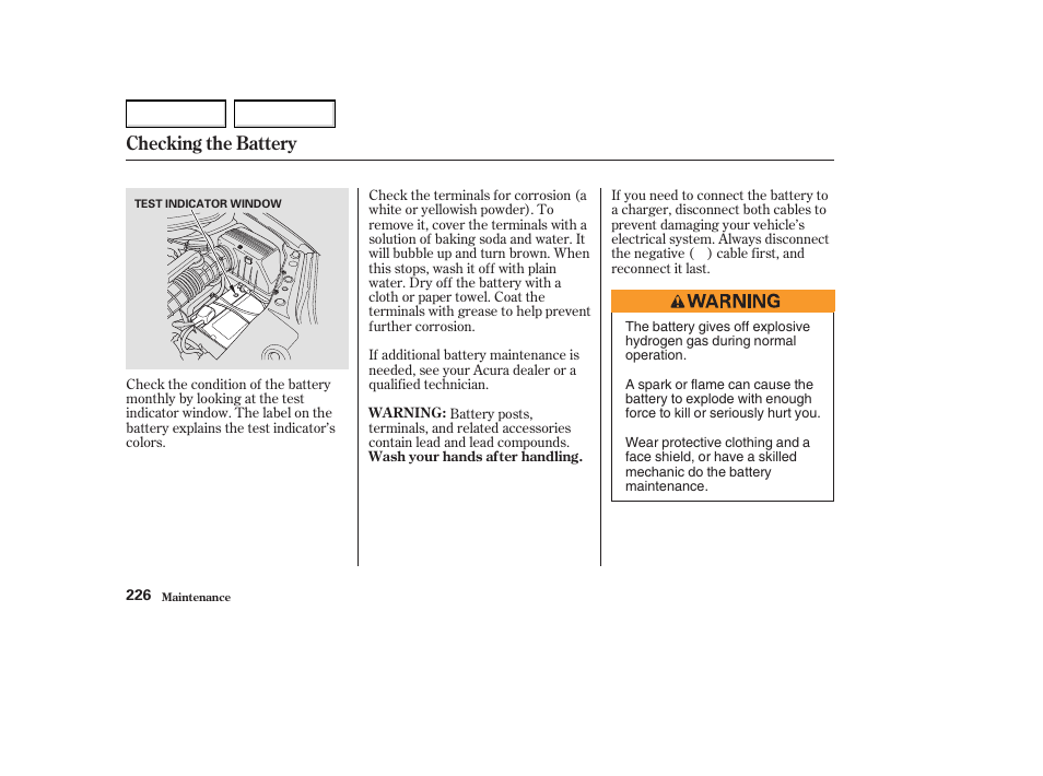 Checking the battery | Acura 2004 MDX - Owner's Manual User Manual | Page 230 / 284