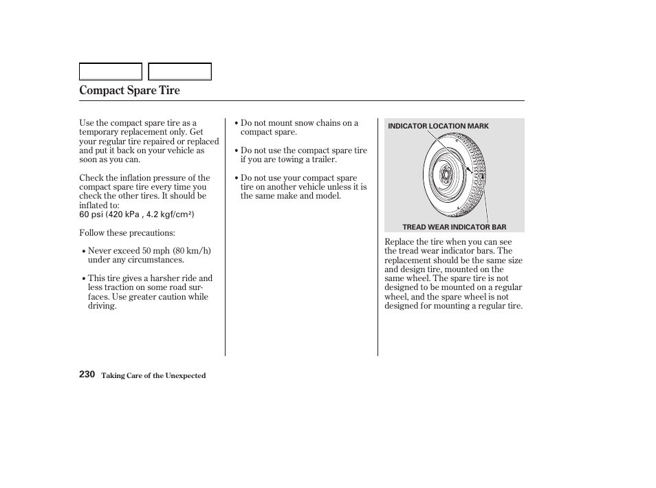 Compact spare tire | Acura 2004 MDX - Owner's Manual User Manual | Page 234 / 284