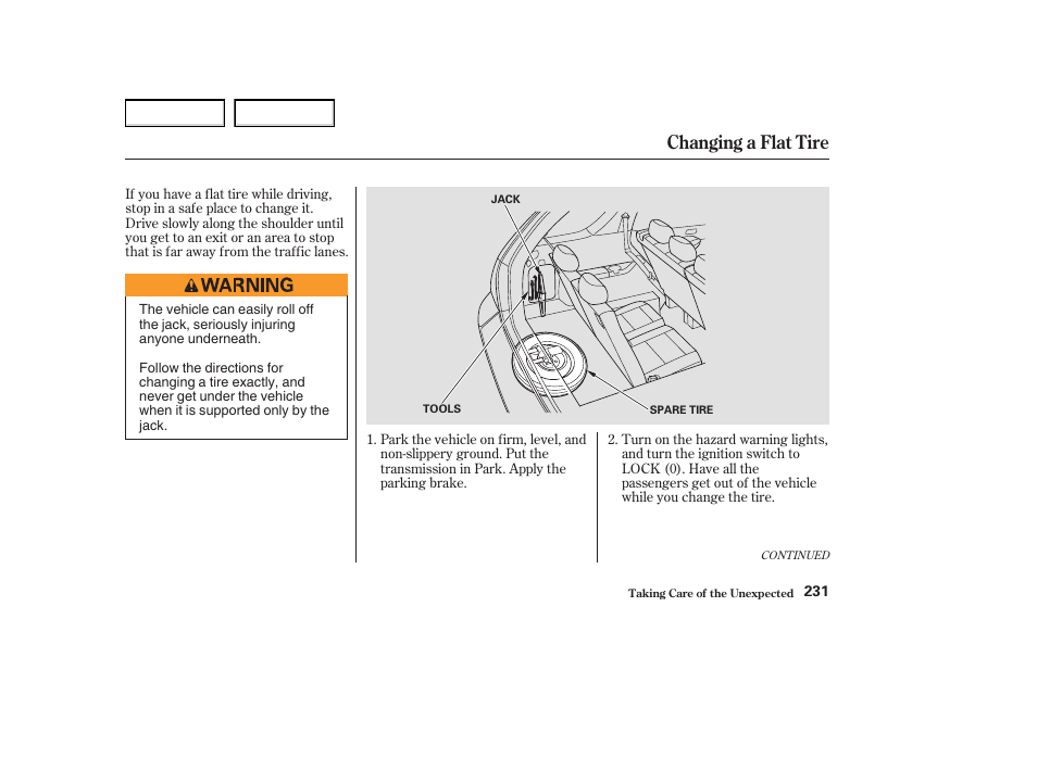 Changing a flat tire | Acura 2004 MDX - Owner's Manual User Manual | Page 235 / 284