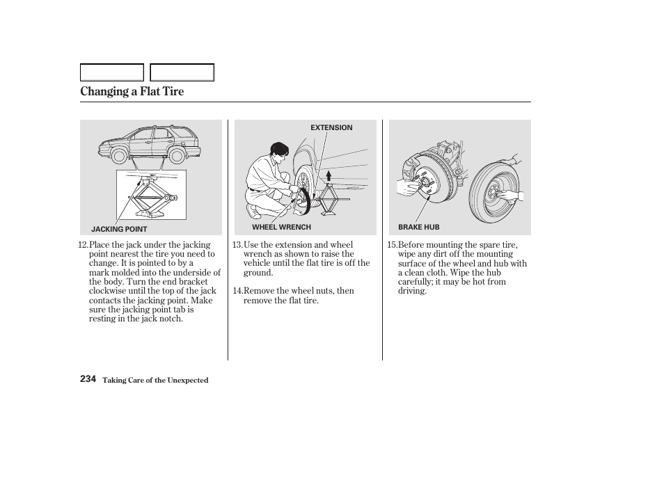 Changing a flat tire | Acura 2004 MDX - Owner's Manual User Manual | Page 238 / 284
