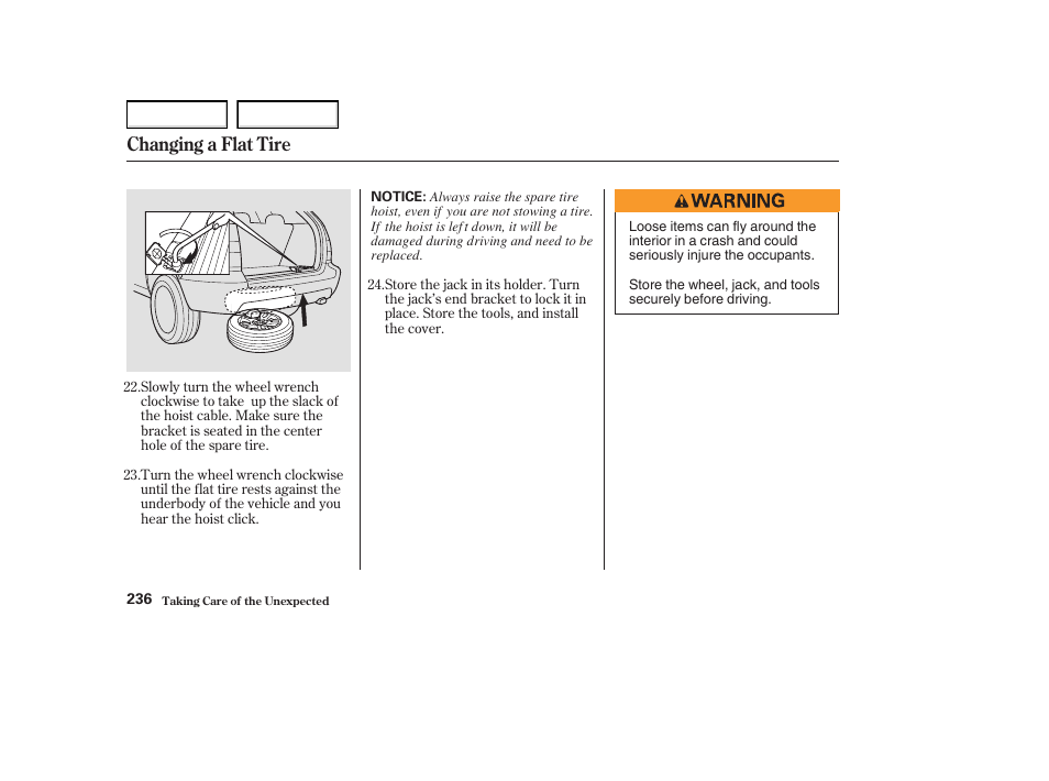 Changing a flat tire | Acura 2004 MDX - Owner's Manual User Manual | Page 240 / 284