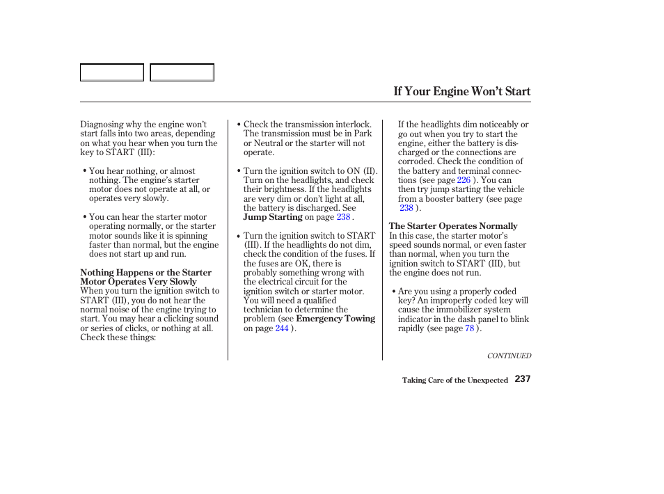 If your engine won’t start | Acura 2004 MDX - Owner's Manual User Manual | Page 241 / 284