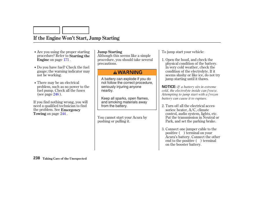 If the engine won’t start, jump starting | Acura 2004 MDX - Owner's Manual User Manual | Page 242 / 284